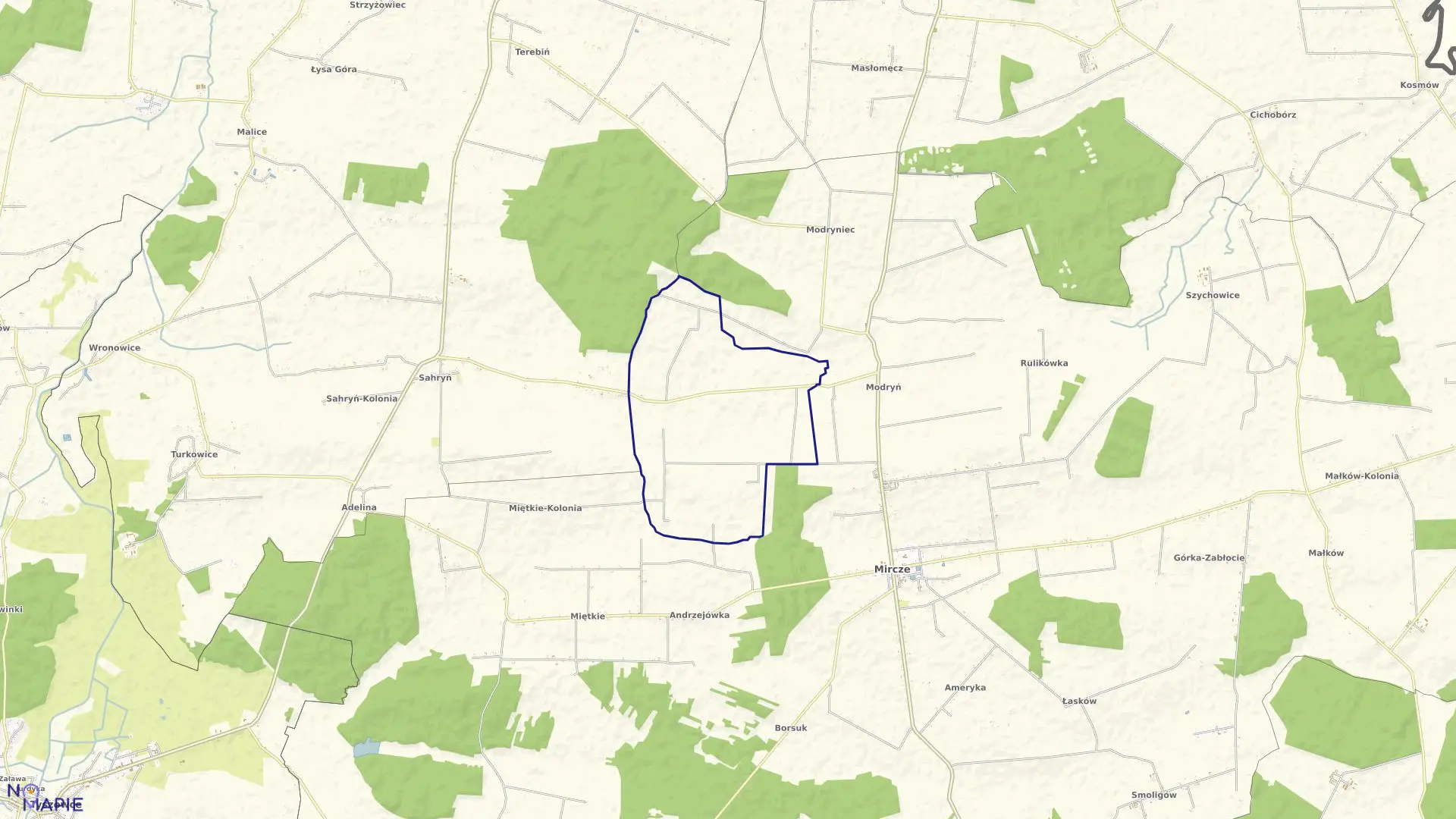 Mapa obrębu Modryń Kolonia w gminie Mircze