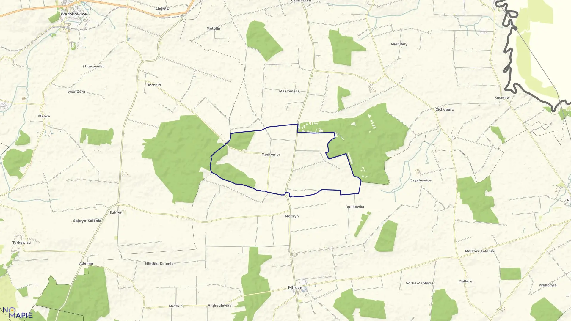 Mapa obrębu Modryniec w gminie Mircze